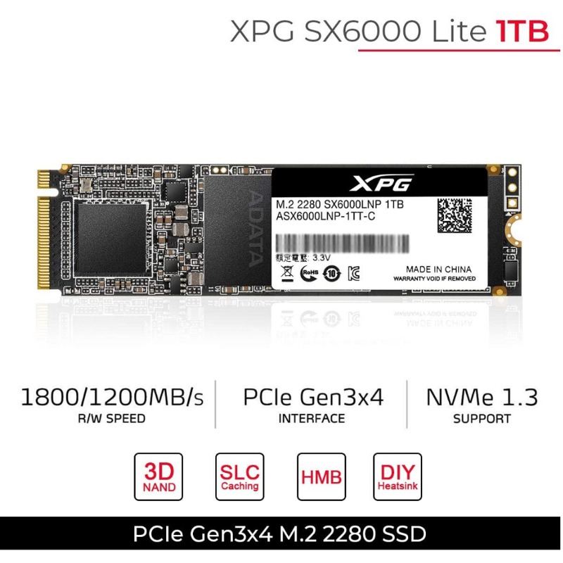 Adata ASX6000LNP-1TT-C SX6000 Lite 1TB M.2 2280 PCIe 3.0 Solid State Drive