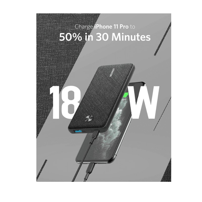 Anker PowerCore Slim 10000 PD, USB-C Portable Charger (18W), 10000mAh Power Delivery Power Bank for iPhone 11 / Pro / 8/ XS/XR, S10, Pixel 3, and More (Charger Not IncludeD)