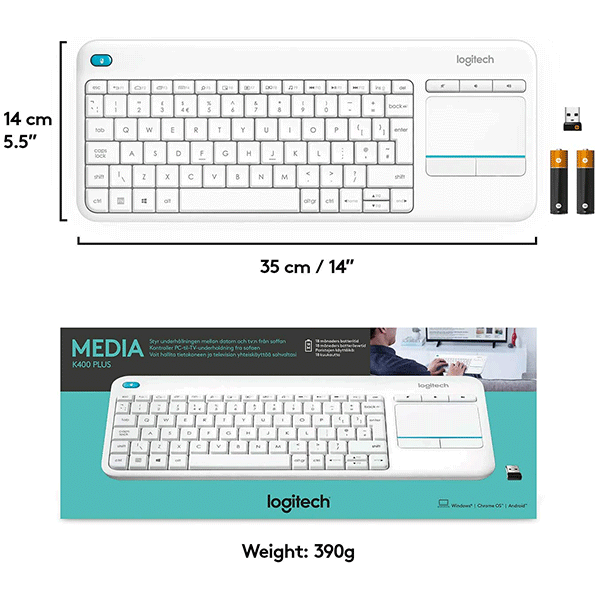 Logitech Wireless Keyboard with TouchPad K400 Plus  (920-007146) - White