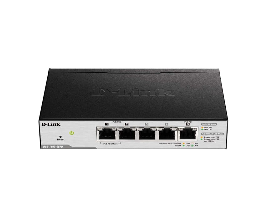 Dlink 2-Ports 10/100/1000Mbps PoE + 3-Ports 10/100/1000Mbps with 1 PD ( PoE powered ) port Smart Switch,Max PoE Power budget 18W with 802.3at input / 8W with 802.3af input (DGS-1100-05PD)