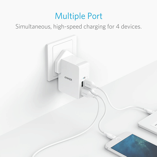 Anker USB Plug Charger 5.4A/27W 4-Port USB Wall Charger, PowerPort 4 Lite with Interchangeable UK and EU Travel Charger