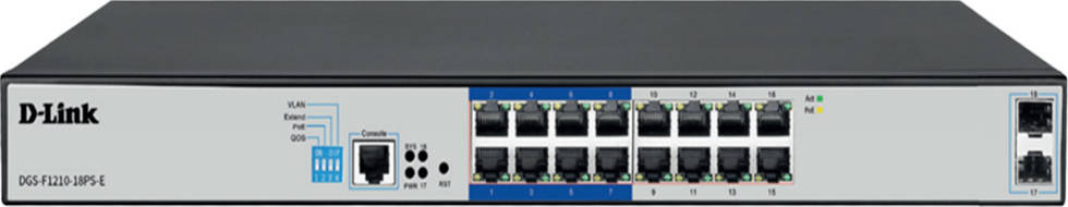 D-Link DGS-F1210-18PS-E 16-port Gigabit Long Range 250m PoE+ Smart Switch with 16 PoE ports, 2 SFP ports – DGS-F1210-18PS
