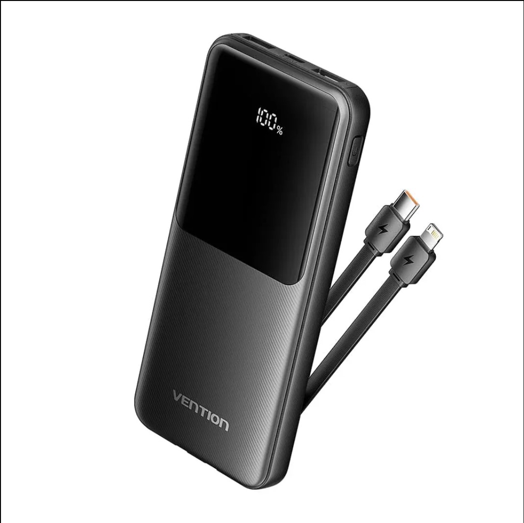 Vention 20000mAh Power Bank w/ Built-in USB-C & Lightning Cables 22.5W Black LED Display