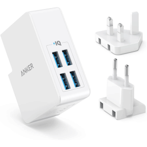 Anker USB Plug Charger 5.4A/27W 4-Port USB Wall Charger, PowerPort 4 Lite with Interchangeable UK and EU Travel Charger