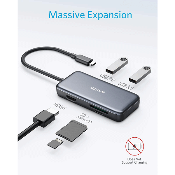 Anker USB C Hub, 5-in-1 USB C Adapter, with 4K USB C to HDMI, SD and microSD Card Reader, 2 USB 3.0 Ports