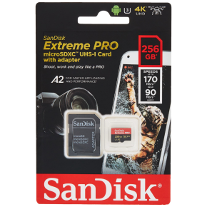 SanDisk 256GB Extreme PRO® microSD™ UHS-I Card with Adapter C10, U3, V30, A2, 200MB/s Read 140MB/s Write SDSQXCD-256G-GN6MA