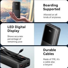 Vention 20000mAh Power Bank w/ Built-in USB-C & Lightning Cables 22.5W Black LED Display