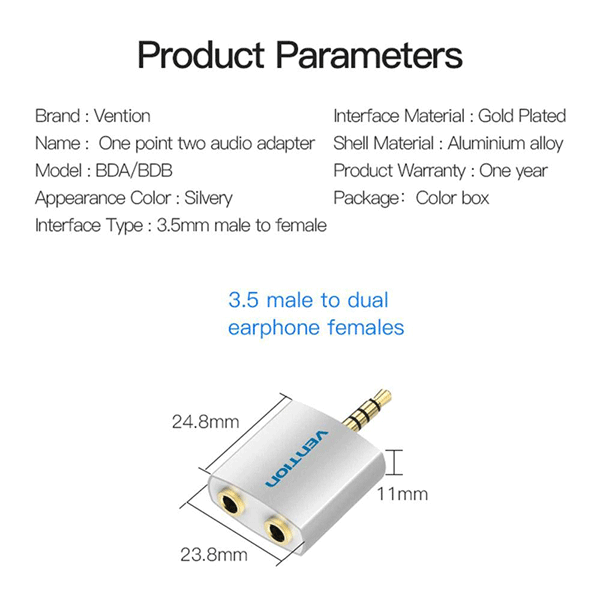 Vention 3.5 mm Earphone Audio Splitter Connector Adapter 1 Male to 2 Female Converter for Headphone Pc Mobile Phone