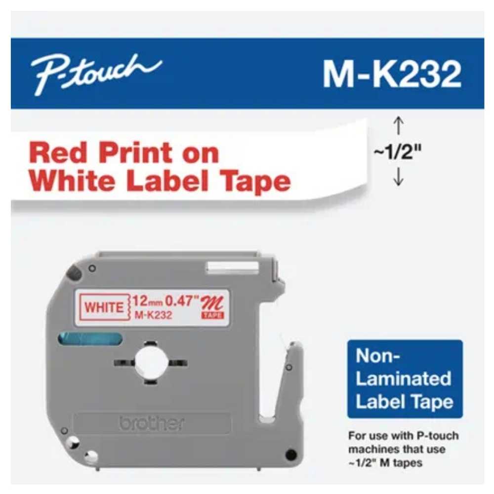 Brother M Tape M-K232 12mm  Red on White Tape