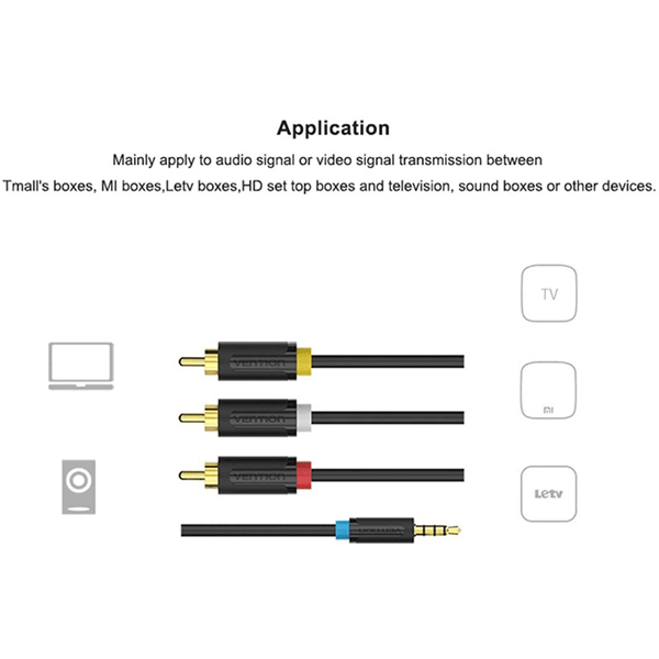 Vention 3.5mm Jack To 3 RCA Male Standard Audio Converter Video AV Speaker Cable For Multimedia CD DVD Player 2m Black