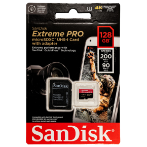 SanDisk 128GB Extreme PRO® microSD™ UHS-I Card with Adapter C10, U3, V30, A2, 200MB/s Read 90MB/s Write SDSQXCD-128G-GN6MA