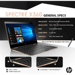 HP Spectre x360 13t Touch Laptop i7-8550U Quad Core,16GB RAM,512GB SSD,13.3inches
