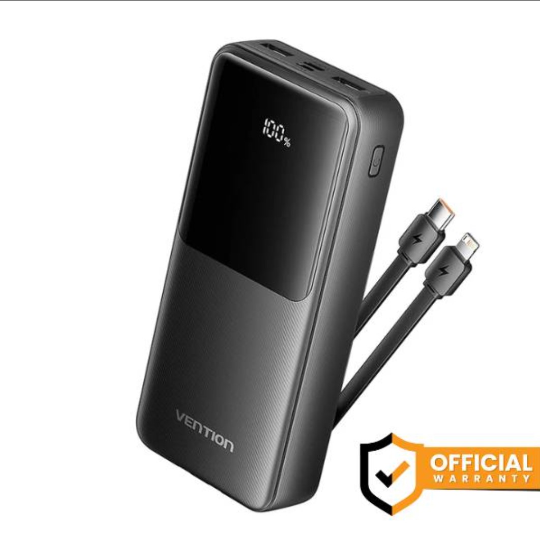 Vention 20000mAh Power Bank w/ Built-in USB-C & Lightning Cables 22.5W Black LED Display