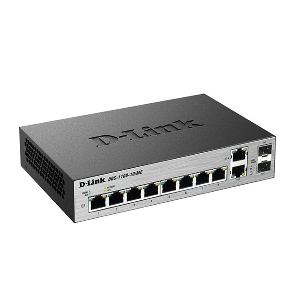 D-Link 8-port 1000Base-T Easy Smart gigabit Switch with 2 combo 100/1000Base-T/SFP ports, IPv6 support, MetroEthernet switch â€“ DGS-1100-10