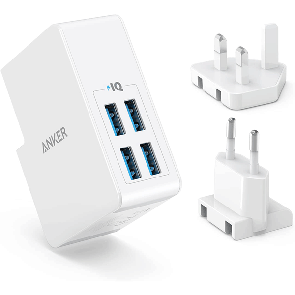 Anker USB Plug Charger 5.4A/27W 4-Port USB Wall Charger, PowerPort 4 Lite with Interchangeable UK and EU Travel Charger