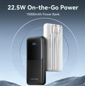 Vention 10000mAh Power Bank w/ Built-in USB-C & Lightning Cables 22.5W Black LED Display