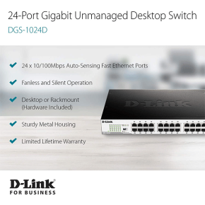 D-Link Fast Ethernet Switch, 24 Port Gigabit Unmanaged Fanless Network Hub Desktop or Rack Mountable (DGS-1024D)