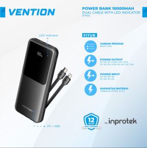 Vention 10000mAh Power Bank w/ Built-in USB-C & Lightning Cables 22.5W Black LED Display